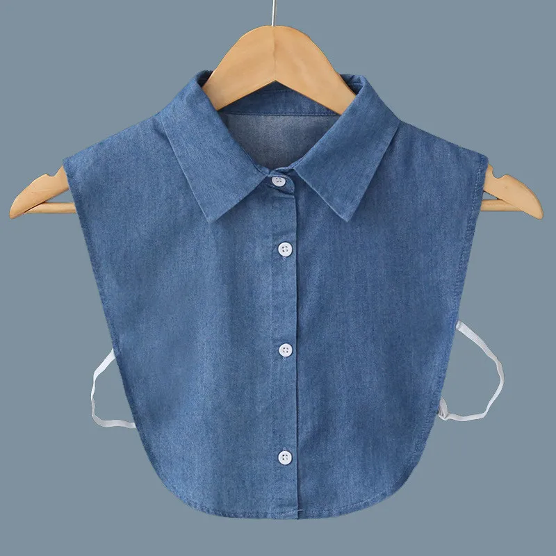 

Women's Autumn Washed Denim Cotton False Fake Collar Button Down Detachable Lapel Half Shirt Blouse Sweater Clothing Decor