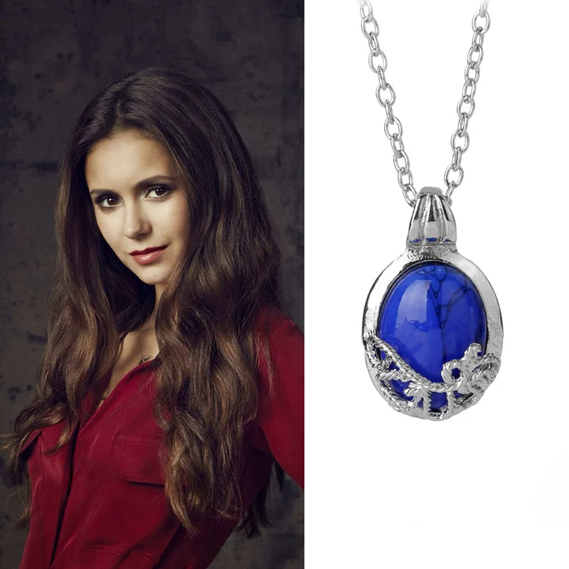 

Fashion Movie Jewelry The Vampire Diaries Blue Rhinestone Pendant Necklace Vintage Katherine Necklaces For Women Fans