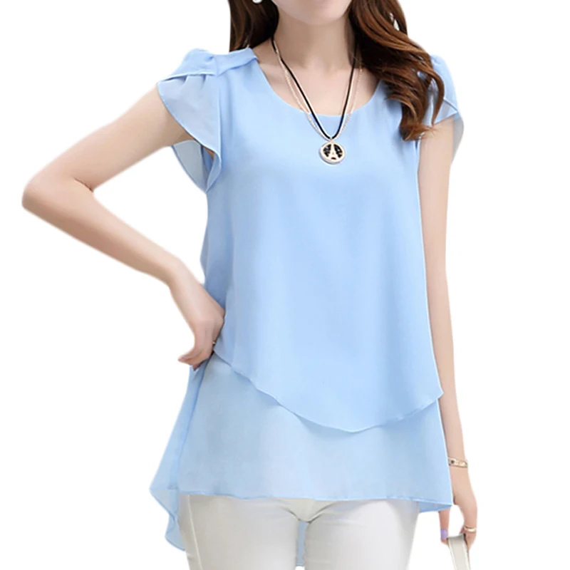 Женская шифоновая блузка с коротким рукавом Повседневная рубашка синего