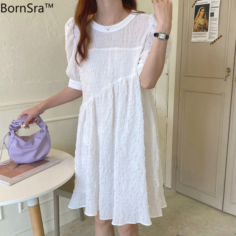 

Bornsra Women Summer 2020 Vintage OL Solid Brief Chiffon Sweet Girls Pleated Fresh Puff Sleeves New Elegance Cute Dresses