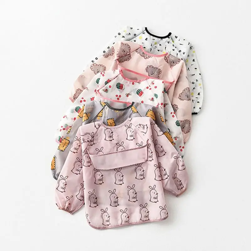 

67JC Waterproof Baby Kid Apron Toddler Long Sleeve Feeding Bib Cartoon Art Burp Cloth