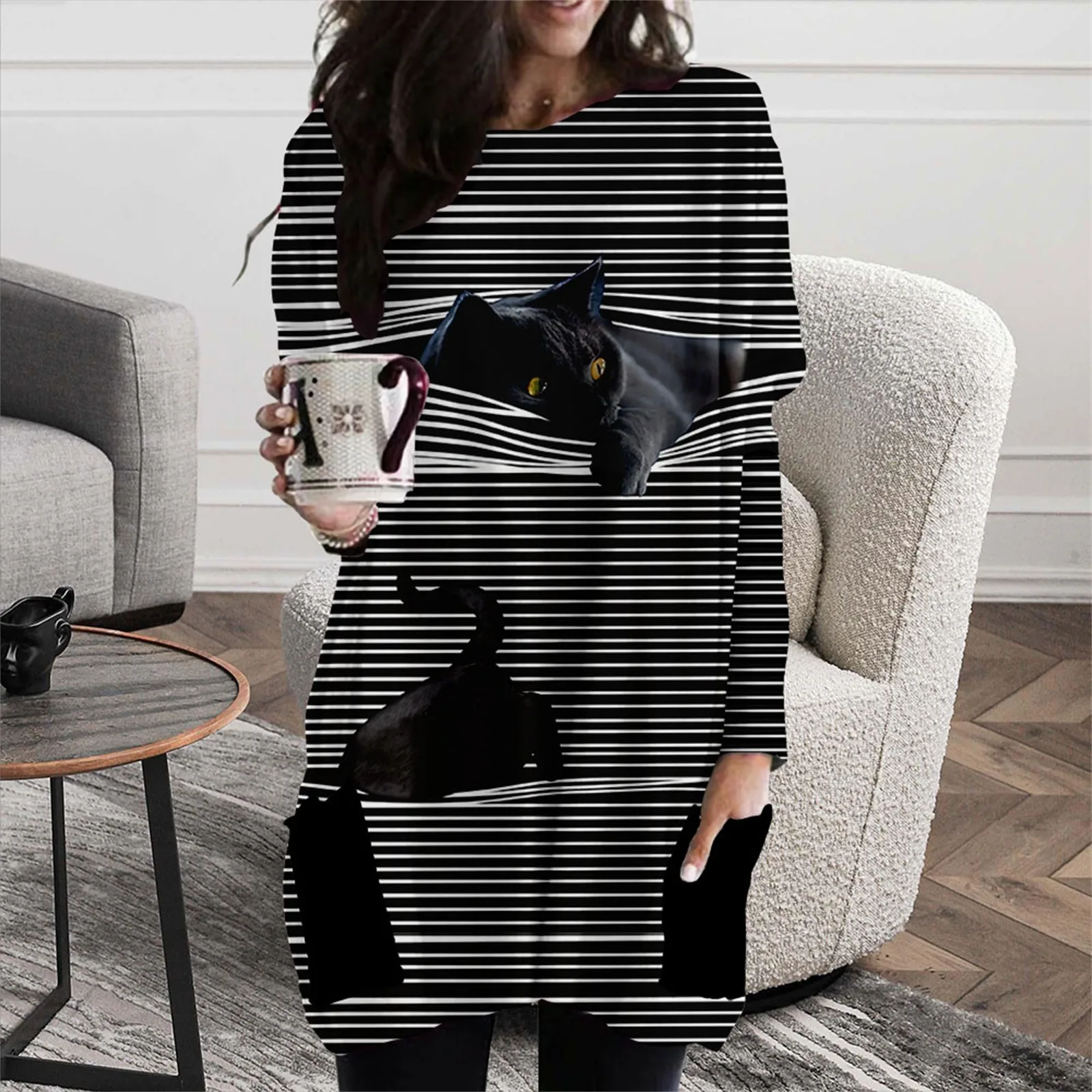 

Женское повседневное мини-платье в полоску, Повседневное платье с длинными рукавами и круглым вырезом, в стиле Харадзюку, Осень-зима 2021