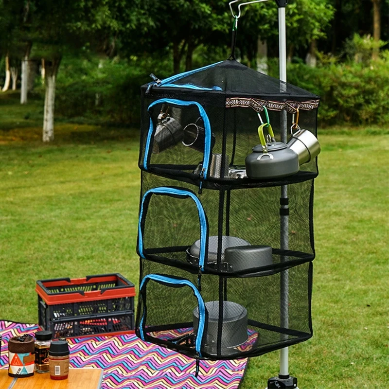 

Outdoor Foldable Hanging Herb Drying Rack with Side Lanyard Hook Portable Camping 4 Layers Dry Zipper Mesh Net Organizer