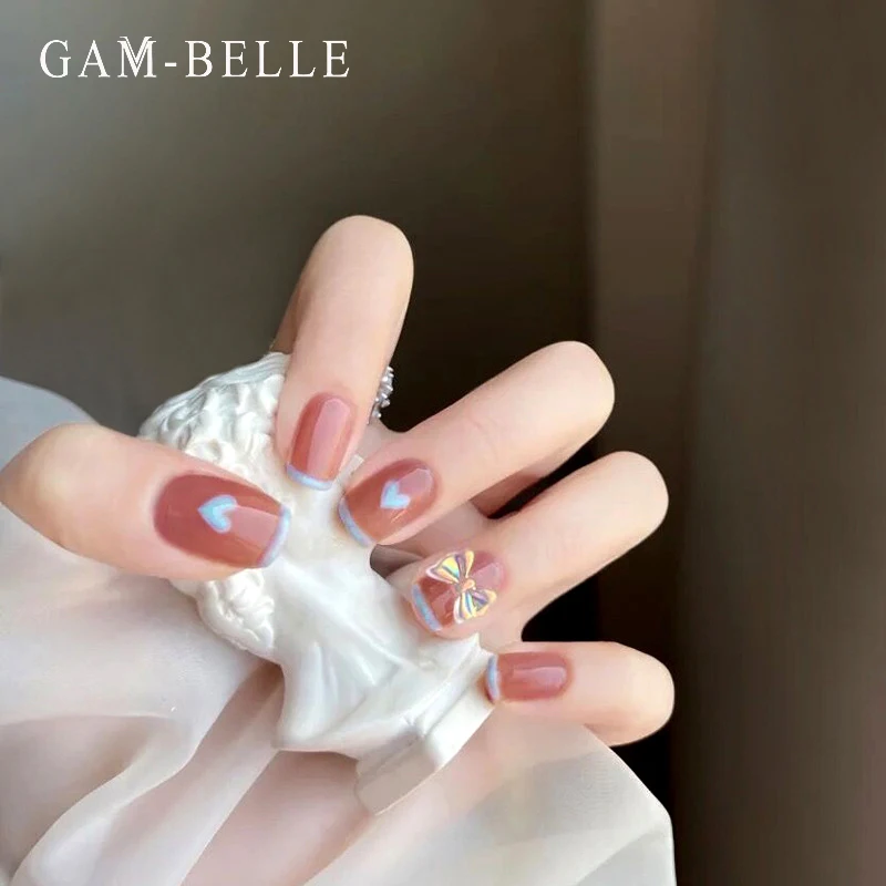 

GAM-BELLE накладные акриловые ногти с узором в виде сердца, ногти с 3D дизайном, длинный квадратный искусственный пресс для ногтей, инструменты д...