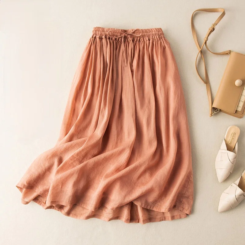 

Cotton Linen Women Skirts Summer Vintage 2021 Solid High Waist A-Line Knee-Length Thin All Match Female Skirts Top Quality