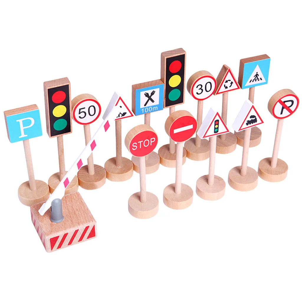 

Kids Wooden Street Signs Playset, 15 Pieces Wood Traffic Signs for Kids Birthday Party Preschool Educational Toy Teaching Props
