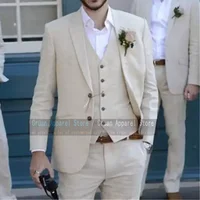 Custom Made Classic Linen Beach Suit Men Set Slim Fit Prom Wedding Groom Suit Tuxedo Blazer Fashion Jacket Vest Pants 3 Pieces