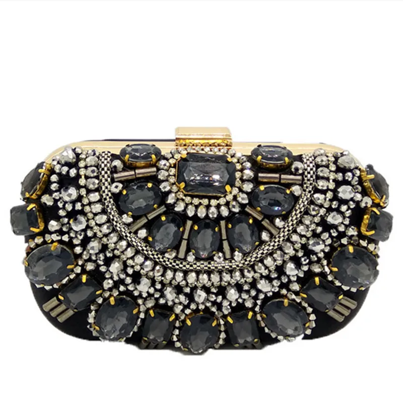 Женский кошелек вечерний черный металлический клатч с серебряными бусинами