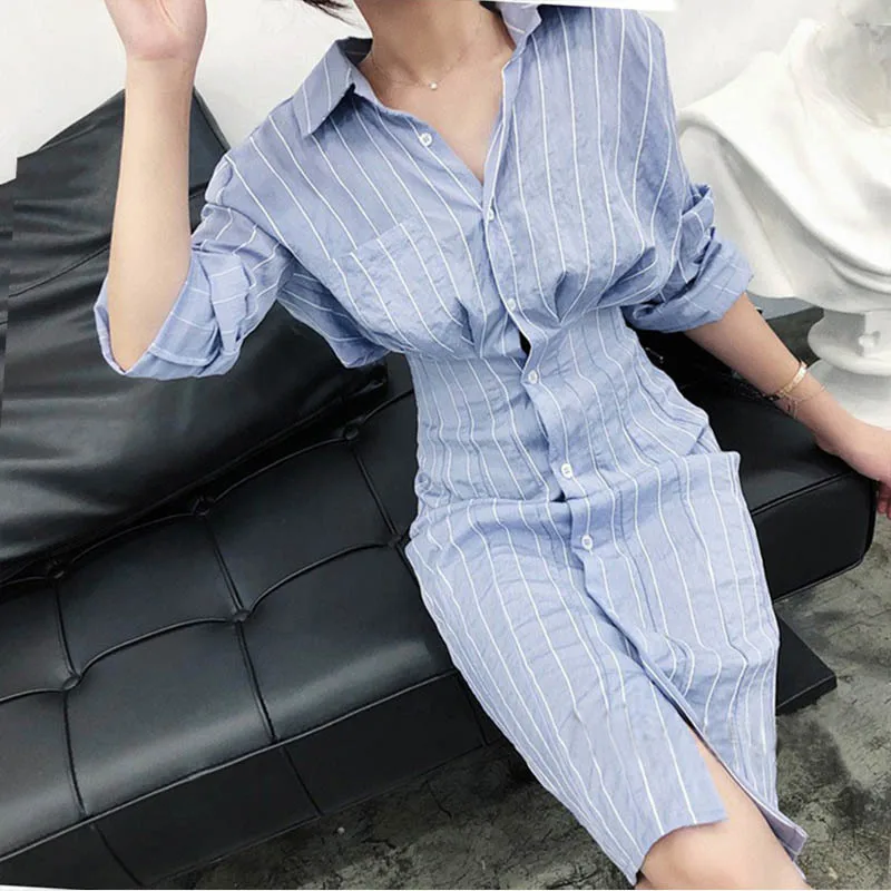 Платье-рубашка женское однобортное офисное Полосатое платье на пуговицах одежда