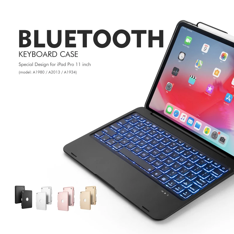 [Новое] Bluetooth клавиатура чехол для Apple iPad Pro 11,", 7-Цвет с подсветкой и жесткий Беспроводной клавиатура с смартфона с держателем для карт