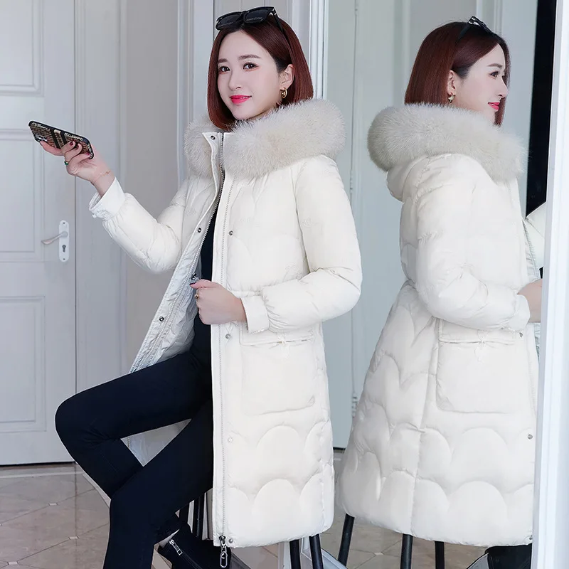 Women Winter Elegant Long Jacket Thick Warm Parkas Ladies Fur Collar Hooded Cotton Coat Female Stylish Outerwear Brand Clothing