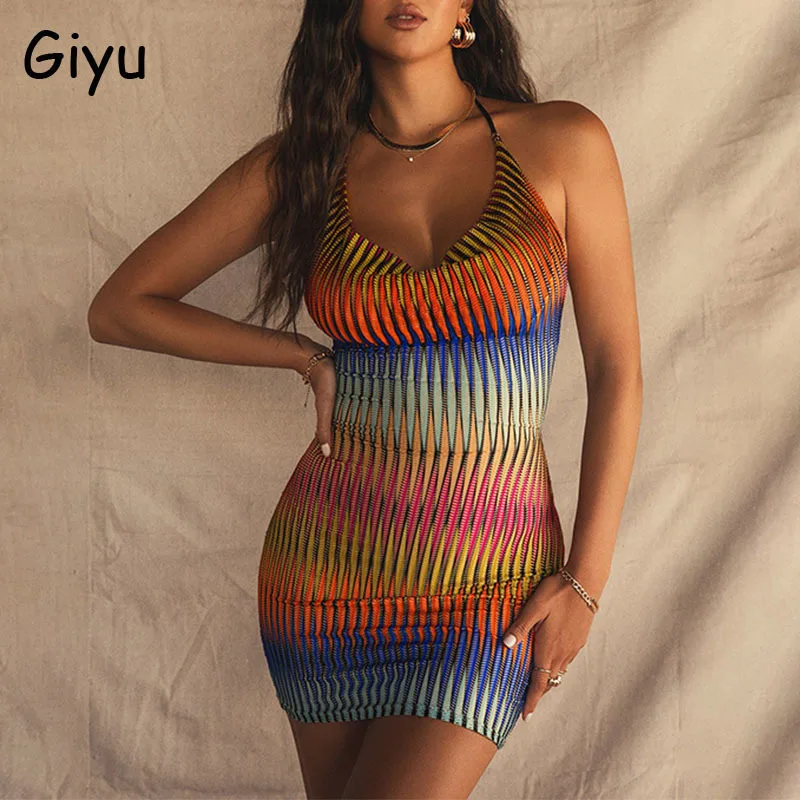 

Винтажное Сетчатое платье Giyu с принтом, женские летние бандажные платья с лямкой на шее и открытой спиной, Клубное вечернее платье, женское ...