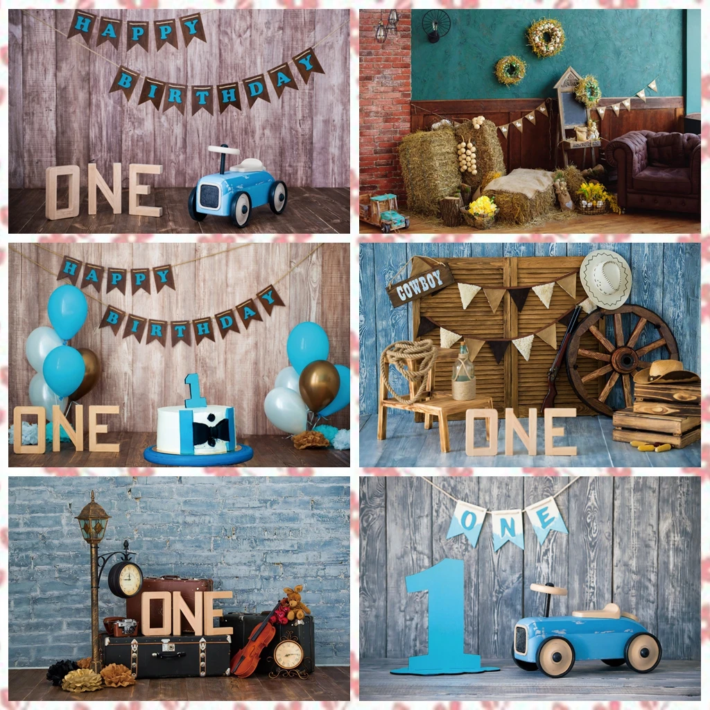 

Laeacco Baby 1st Birthday Background Blue Brick Wall Clock Wooden Floor Portrait Photographic Photo Backdrop For Photo Studio