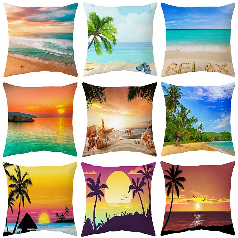 

45x45cm Nordic Sea Scenery Pillowcase Sunrise Sunset Pillow Cover Home Decor Seascape Short Plush Pillowcase Sofa Decoration