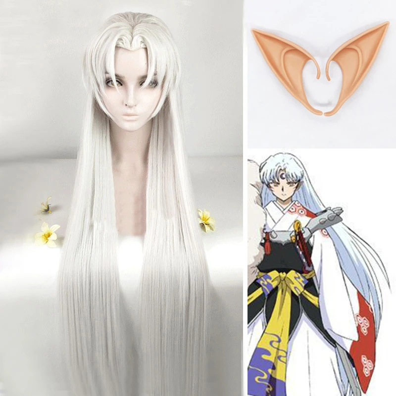 39in 100 см длинный парик Inuyasha Sesshomaru с ушками термостойкий для косплея серебристый