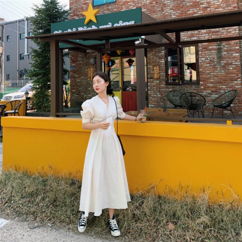 

New Style French Bellflower Skirt Puff Sleeve Dress Women Summer Korean Fashion Slim Waist Ladies Dresses Y488