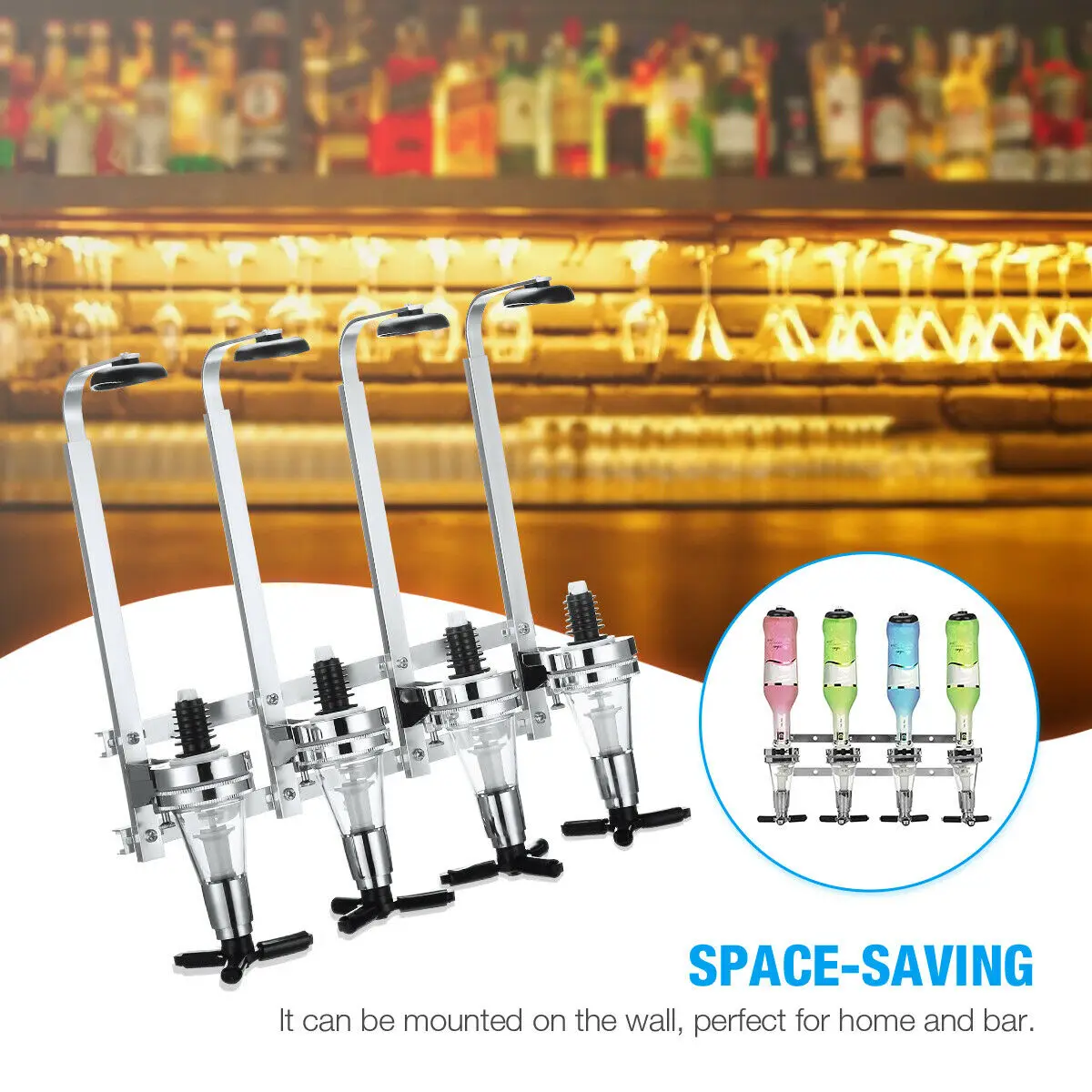 

4 Spring-loaded Holders Bottle Stand Wall Mounted Pub Bar Optics Dispenser Spirit Wine Beer Drinks Holder Saving Space Foe House