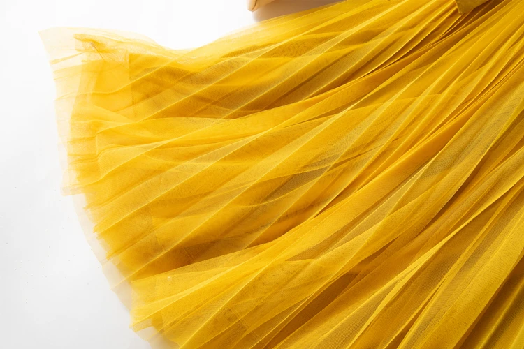 

Fashion Summer New Yellow Tulle Skirt Women 2021 High Waist Fairy 3 Layers Pleated Mesh Long Gauze Skirt With Belt