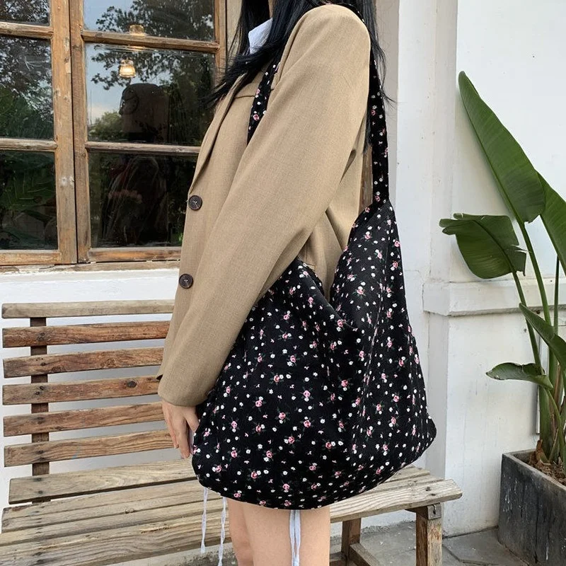 

Floral Corduroy Shoulder Bags Women Large Capacity Students Shopping Bag Females Vintage Retro Tote Ins Multi-functions Trendy