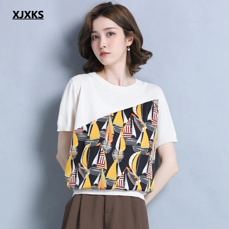 

XJXKS, новинка 2021, женская летняя футболка, модный принт, удобный топ с коротким рукавом, женская футболка