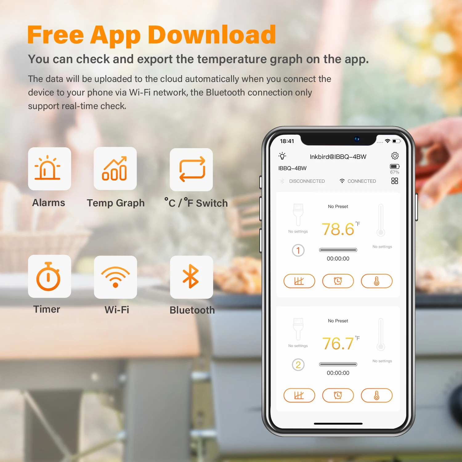 

IBBQ-4BW Digital Calibrable Meat Temperature Meter Wi-Fi&Bluetooth BBQ Grill Cooking Thermometer with Remote Control&Temp Graph