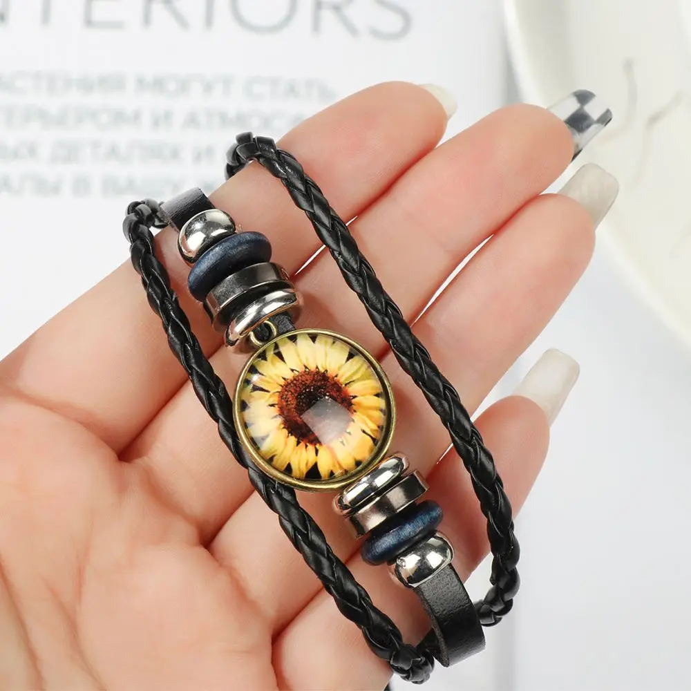 

Sunflower Glass Art Snap Button Charm Bracelet Handmade DIY Beaded Multi-layer Leather Bracelets & Bangles Gift for Women