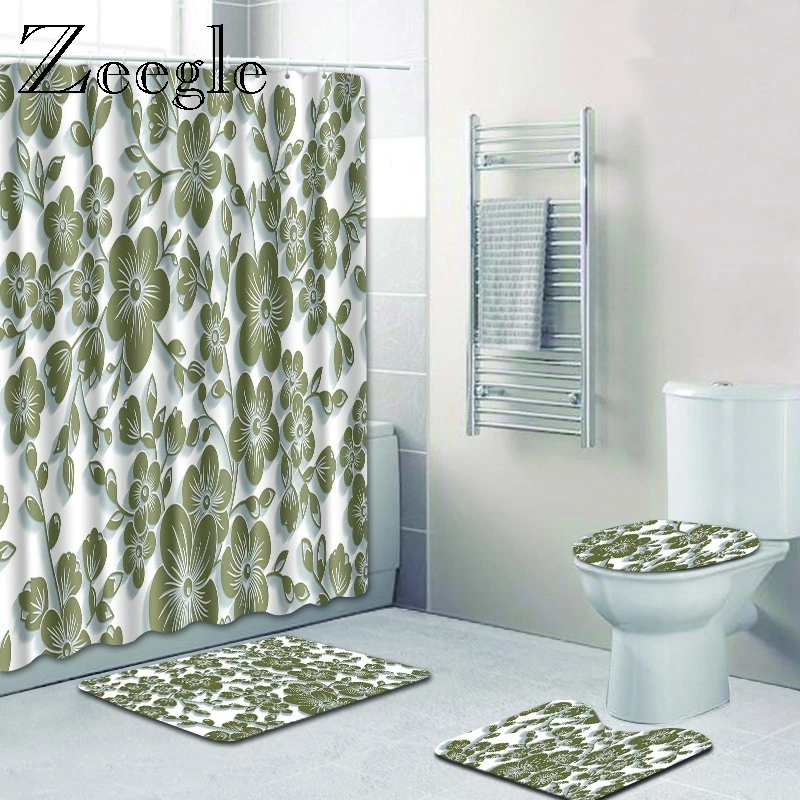 

Zeegle Printed Shower Curtain with Bath Mat Set Toilet U Type Mat Microfiber Soft Floor Rug Toilet Foot Rug Entrance Doormat
