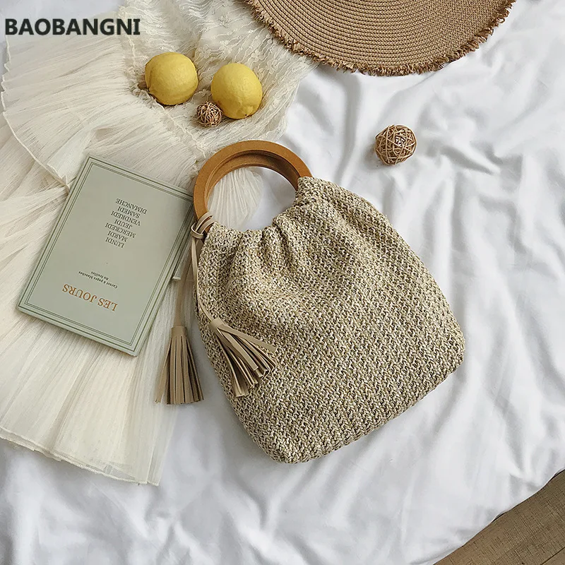 

Simple Solid Color Woven Bags For Women Handbag Summer Casual Wood Handle Handbags Lady Travel Small Beach Bag Totes Sac