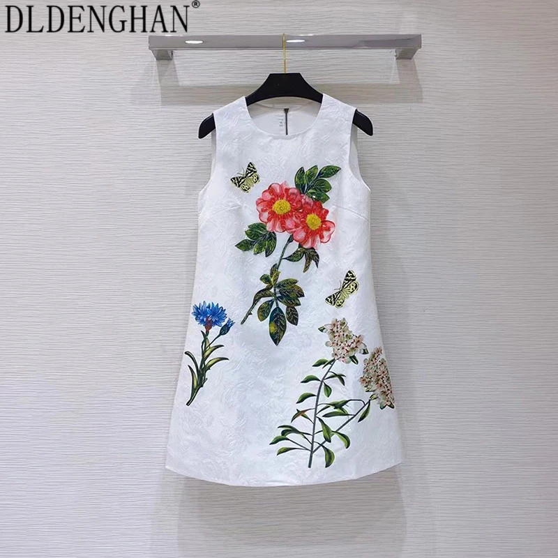 

DLDENGHAN модное дизайнерское платье с цветочным принтом для женщин с бисером О-образным вырезом без рукавов Мини платья лето Новинка