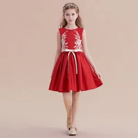 red satin lace applique party dress kids girl short flower girl dress formal evening birthday princess gown for kids knee length