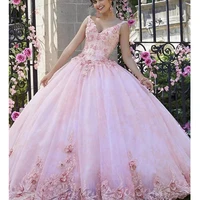 pink quinceanera dress 2022 flowers appliques sequins beads backless party princess sweet 16 ball gown vestidos de 15 a%c3%b1os