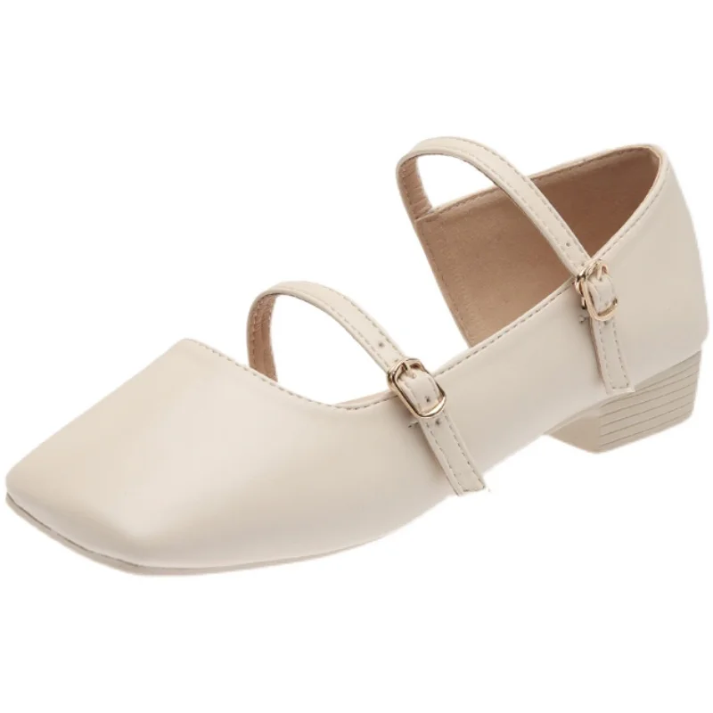 

Square Toe Low Sandals Woman Leather Shoes Lady 2021 Clear Heels Suit Female Beige Shallow Mouth Buckle Strap All-Match Mary Jan