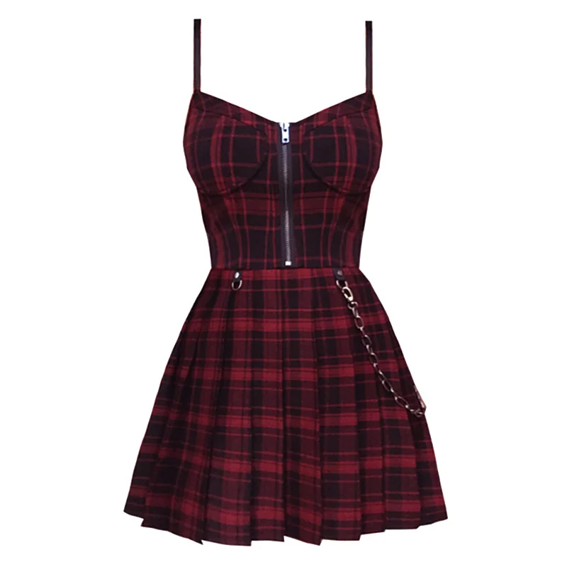 

Gothic Girls Plaid Pleated Punk Dress Preppy Style Red Black Spaghetti Strap Sexy Sleeveless Mini Short Dresses Goth Streetwear