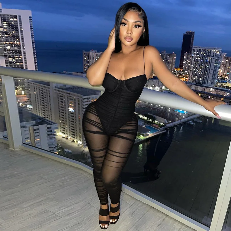 

2021 summer European and American fashion women's wearspring new pure color sexy suspender open back mesh one-piece pants