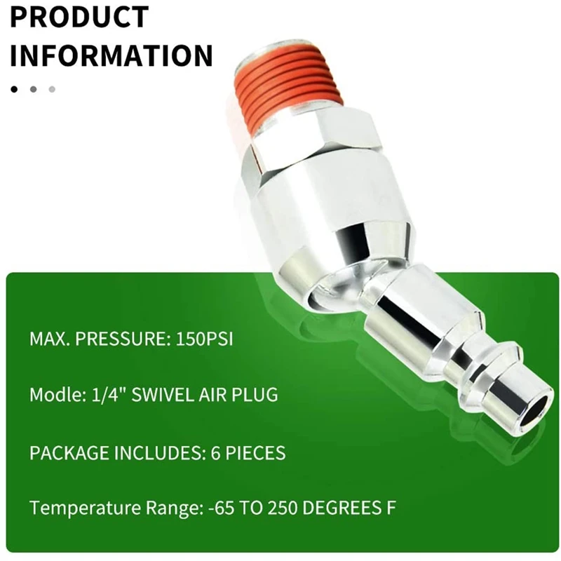 

1/4 inch Swivel Air Plug, 6-Pack Industrial Swivel Coupler and Plug, 1/4-Inch NPT Male Thread, Air Hose Fittings