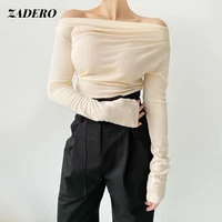 long sleeve t shirt women knitted sexy sloping shoulder one line neck strapless t shirt female 2021bottoming shirt elegant solid