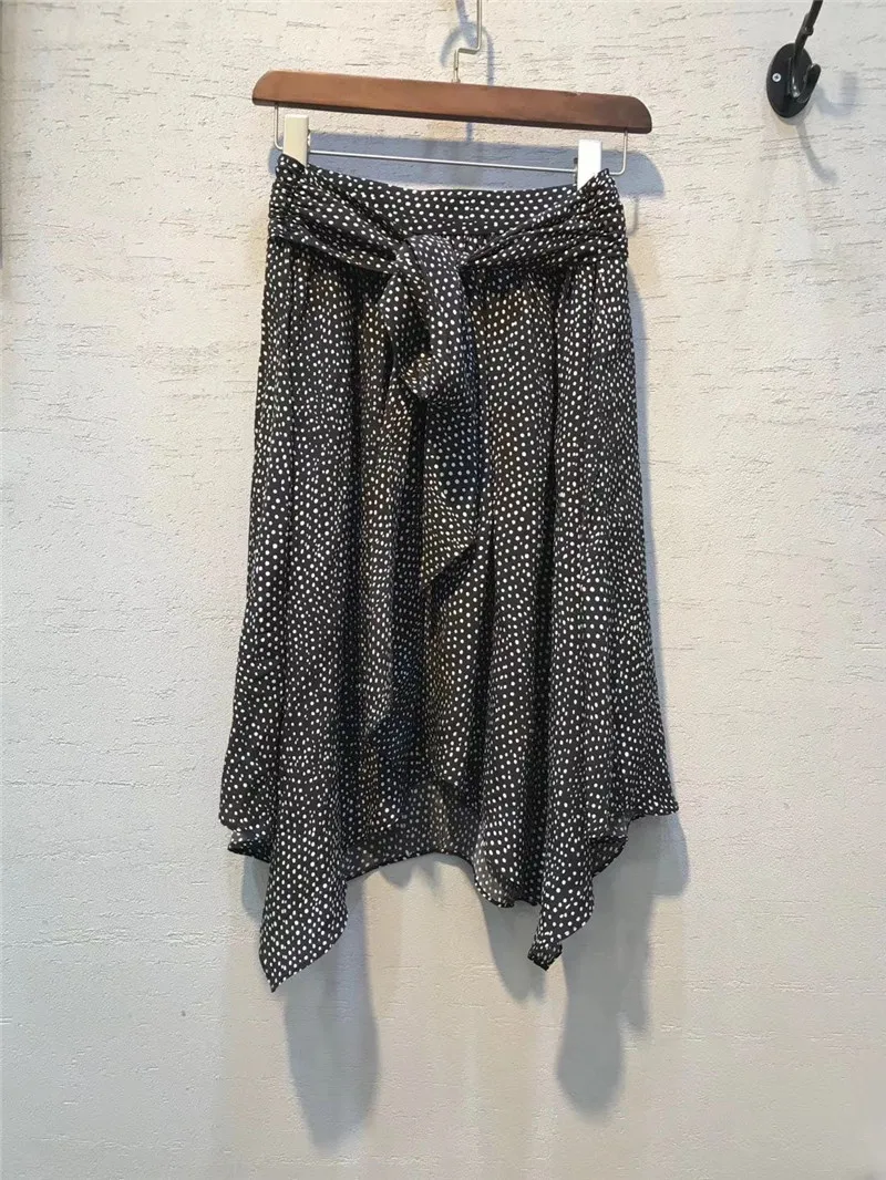 

2021 Summer New Style Viscose Women Pink Striped Printed Asymmetric Lady Midi Skirt High Waist with Tied Bow Fashion Skirts