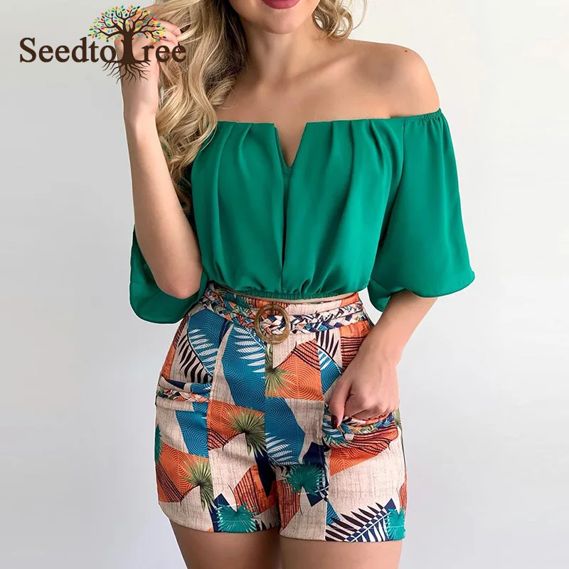 

Women Summer Two Piece Set Off Shoulder Ruched Top & Tropical Print Shorts Set With Belt