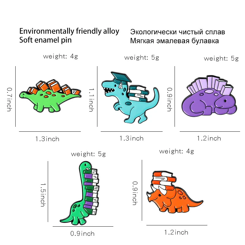 

Cartoon Dinosaur Jurassic Animal with Book Brooches Enamel Lapel Pins Stegosaurus Tyrannosaurus Badges Jewelry Gifts for Kids