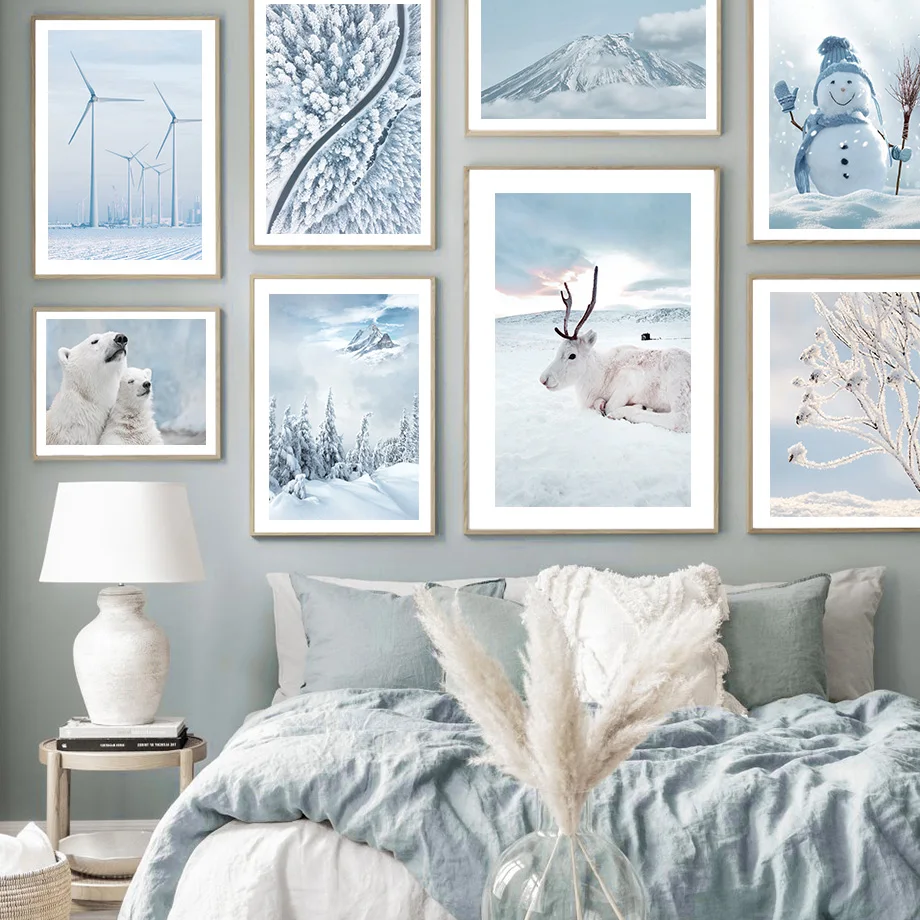 

Winter Pine Trees Landscape Wall Art Deer Eagle Polar Bear Snow Canvas Painting Nordic Posters and Prints Snowman Pictures Decor
