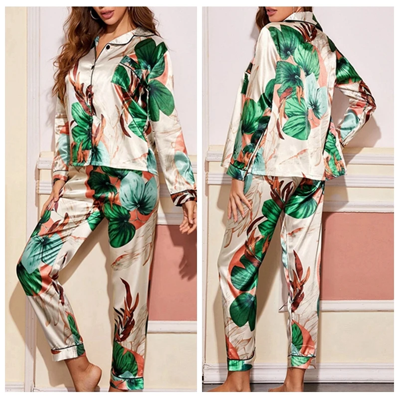 Women Pajamas Set 7 Pieces Satin Stripes Faux Silk Printing Pajamas For Woman Spring Summer Sleepwear Homewear