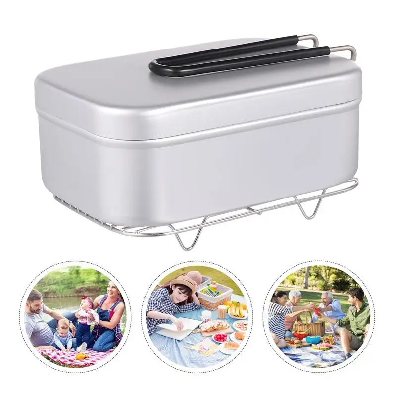 

2pc Aluminum Alloy Square Lunch Box Foldable Handle Bento Food Picnic Container