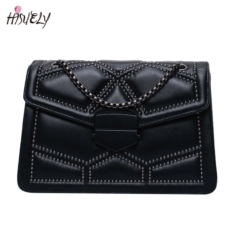 

HISUELY rivets Fashion Square Bag Women's Designer Handbag 2021 High-quality PU Leather Chain Mobile Phone Shoulder bag Bolsa Q4