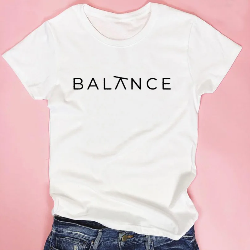 Баланс лозунг печатных футболка Топ для женщин одежда черный белый цвет с