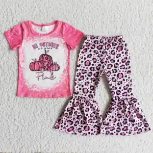 2021 Summer Autumn Halloween Girl Pink Pumpkin Short-sleeved Top And Leopard-print Bell-bottoms Kids Clothing