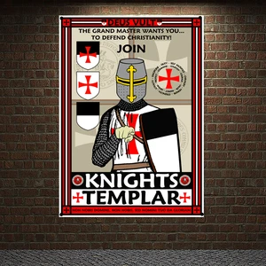Ancient Military Art Banners Flags, Mounted Templar Charging Into Battle Poster Canvas Painting, Knights Templar Wall Hanging 7