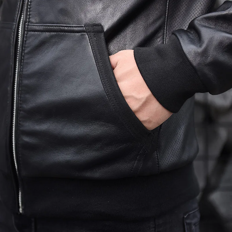 

Men Winter Hooded Sheepskin Real Leather Jacket Street Style Short Slim Biker Coat Top Quality Autumn Thin Casual Outerwear