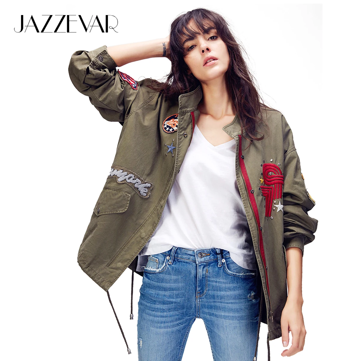 JAZZEVAR Осень новая модная уличная куртка женская вышивка заклепки повседневное хлопковая куртка на молнии аппликации винтаж промывают свободные