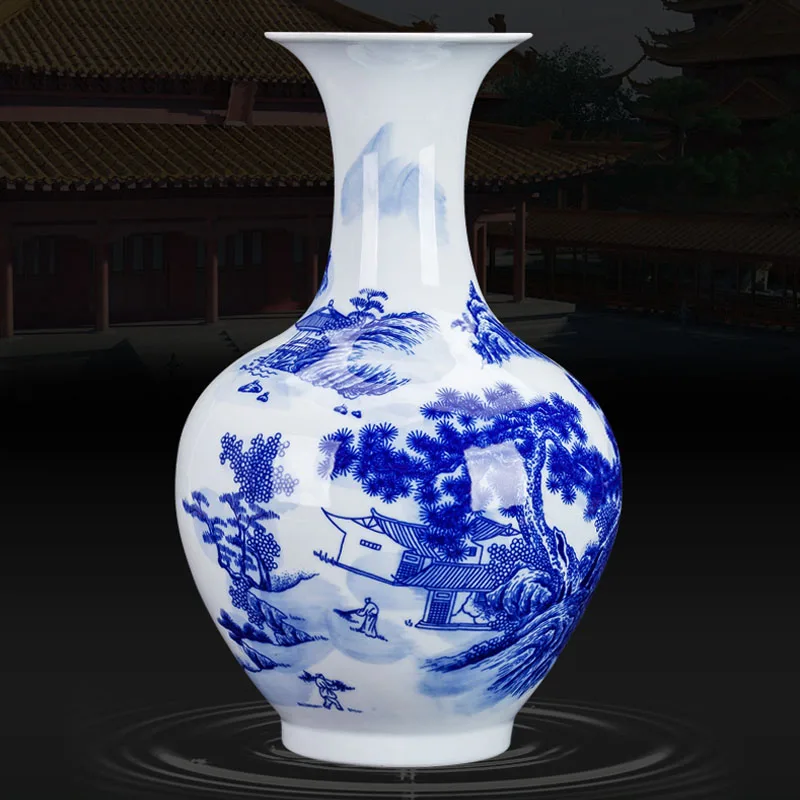 

Antique Blue and White Landscape Vase Ceramic Pot Jingdezheng Handpaint Flower Vase Home Furnishing Articles