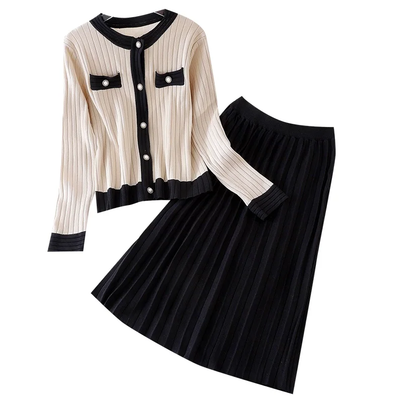 

Autumn Winter Elegant Knitted Two Piece Set Women Slim Cardigan Sweaters and Pleated Skirt Outfits Office Lady Chic 2 Piece Sets